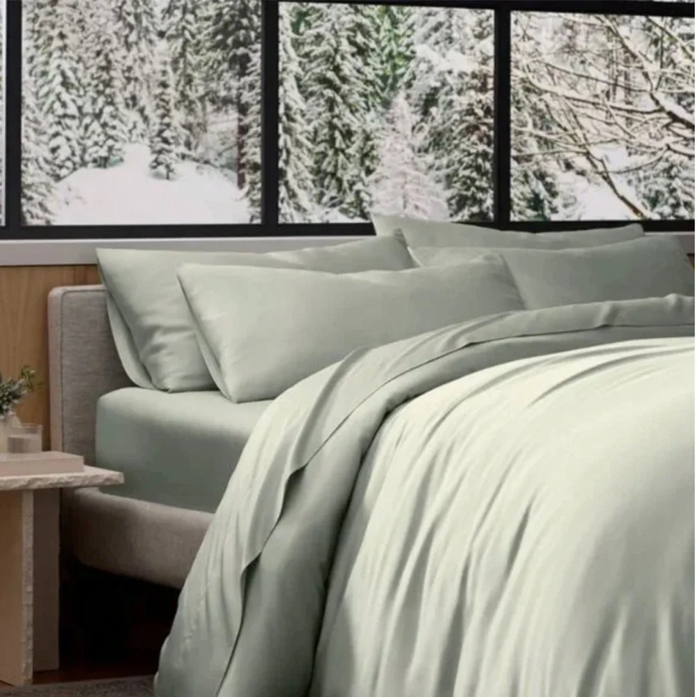 Cozy Earth Bamboo Flat Sheet Luxury Satin, Light Green, Queen